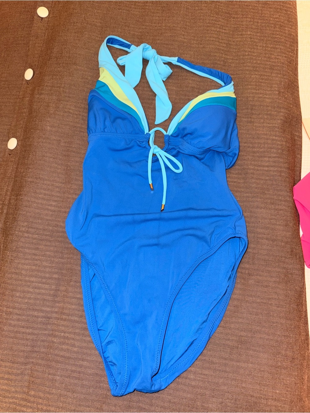 Robin Piccone Blue Halter One-Piece Swimsuit with Yellow & Light Blue Trim